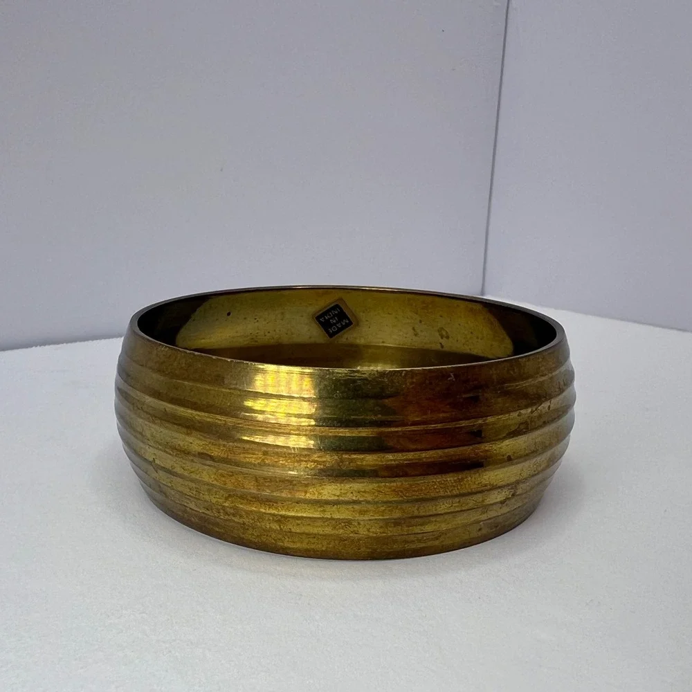 Vintage Brass Bangle Bracelet Ribbed Handcrafted India Boho Stackable 70s Retro